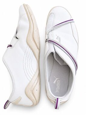 Puma Women’s Slip-On Sneakers in White with Purple Elastic Straps